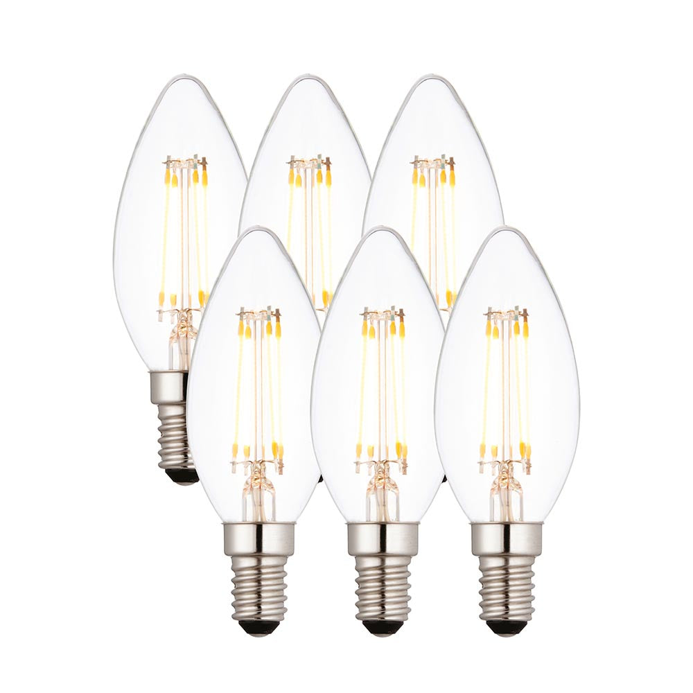 Endon 4W E14 LED filament candle bulbs six-pack with clear tapered glass, warm white filaments and silver screw caps on white background.