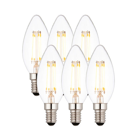 Endon 4W E14 LED filament candle bulbs six-pack with clear tapered glass, warm white filaments and silver screw caps on white background.