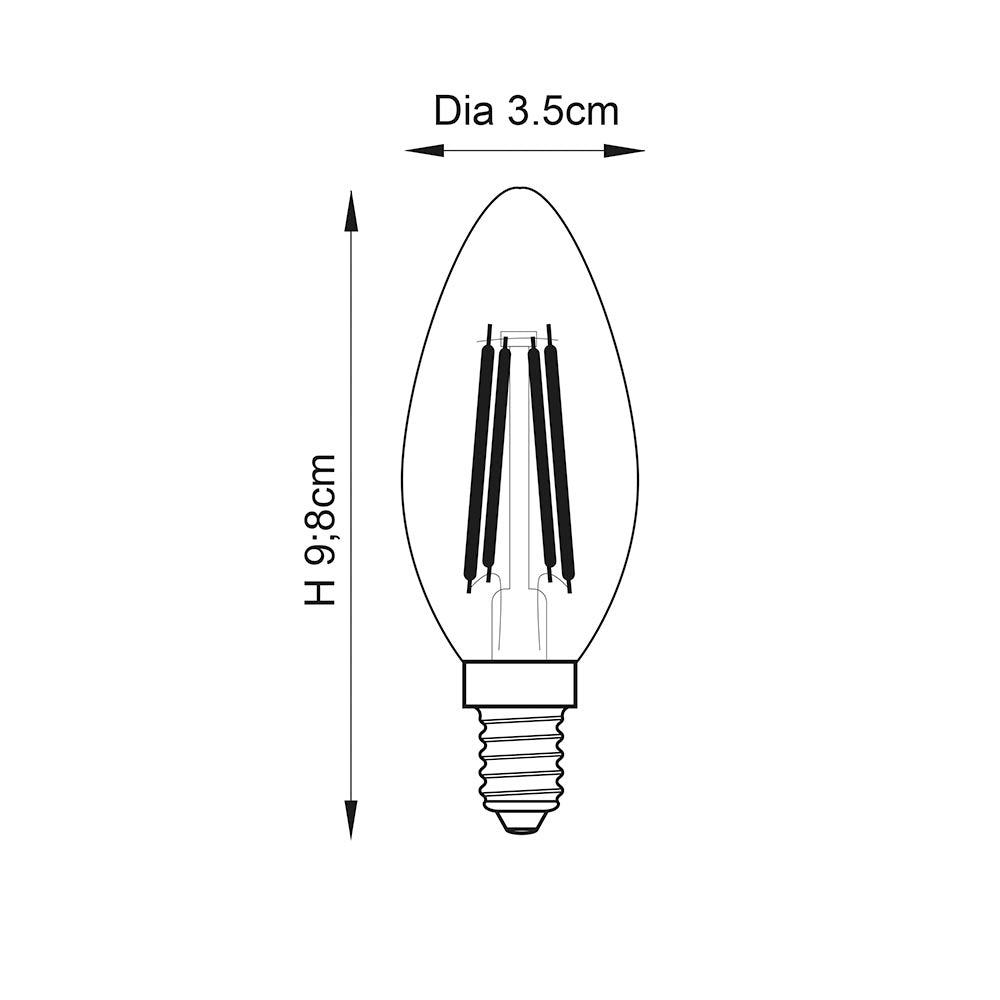 Endon 4W E14 LED filament candle bulb technical drawing showing 3.5cm diameter and 9.8cm height with visible filaments and screw cap.