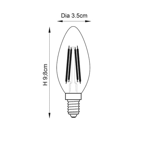 Endon 4W E14 LED filament candle bulb technical drawing showing 3.5cm diameter and 9.8cm height with visible filaments and screw cap.