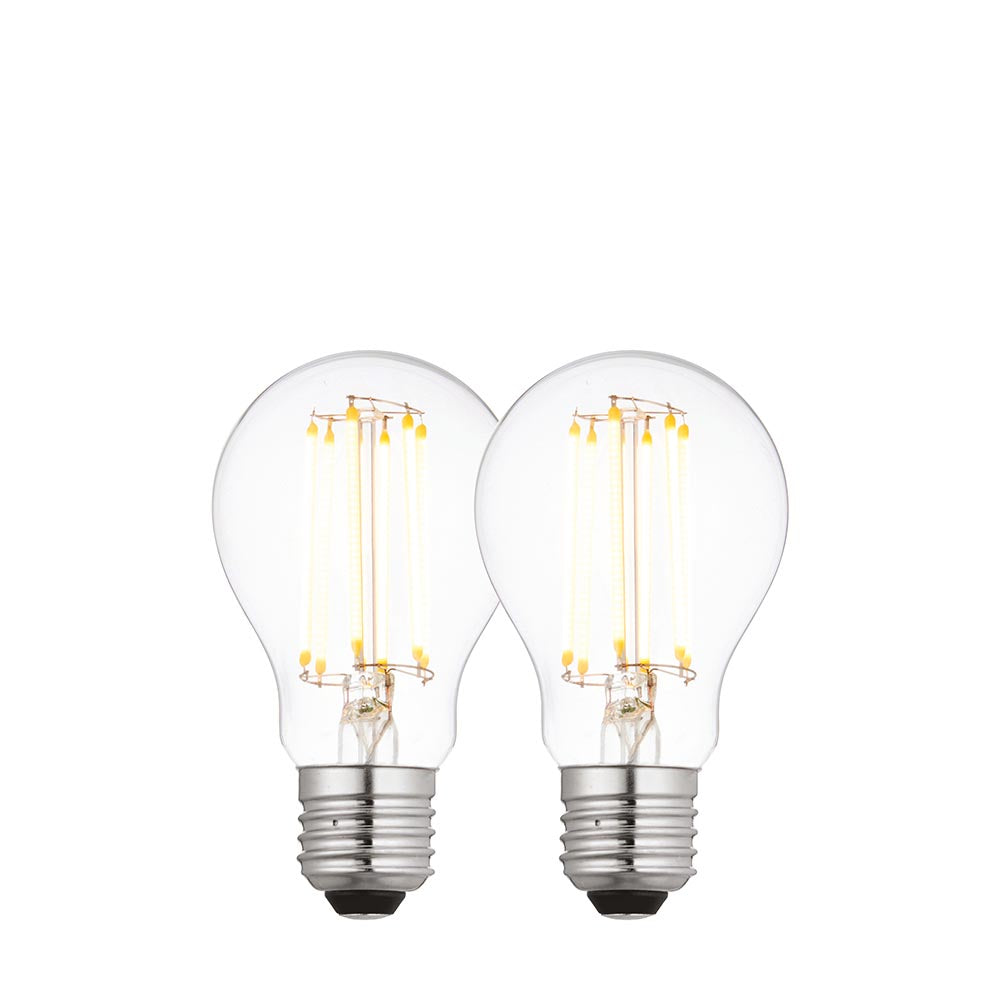 Endon 6W E27 LED filament GLS bulbs in warm white, shown as a 2-pack with clear glass, visible filaments and screw caps on a white background.