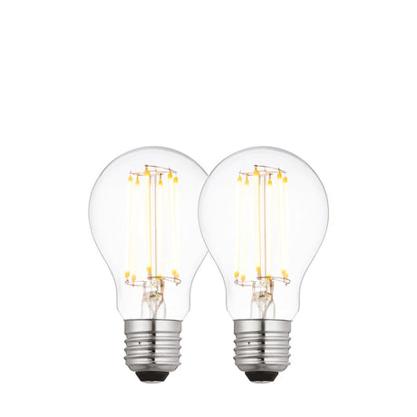 Endon 6W E27 LED filament GLS bulbs in warm white, shown as a 2-pack with clear glass, visible filaments and screw caps on a white background.