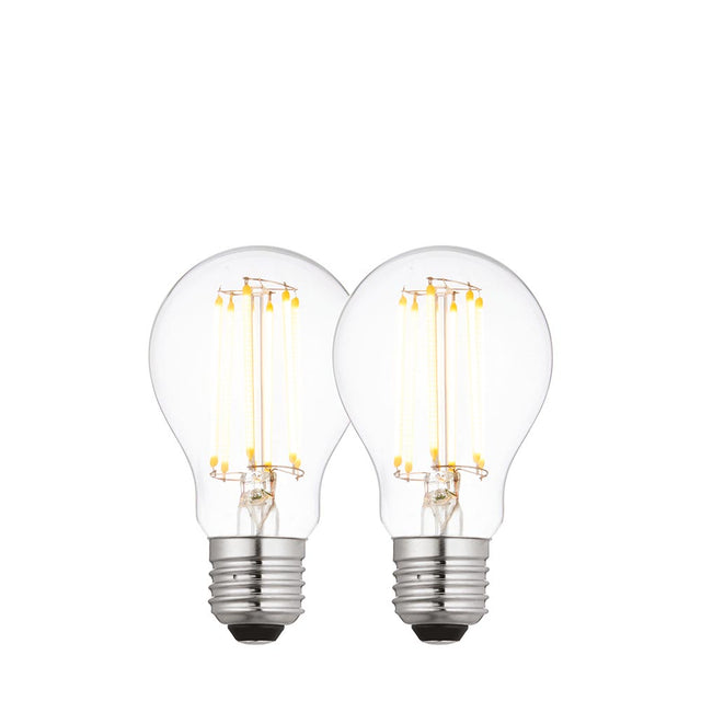 Endon 6W E27 LED filament GLS bulbs in warm white, shown as a 2-pack with clear glass, visible filaments and screw caps on a white background.