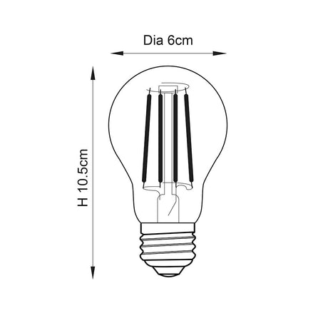 Technical line drawing of Endon 6W E27 LED filament GLS bulb showing 6cm diameter and 10.5cm height with visible filaments and Edison screw cap.