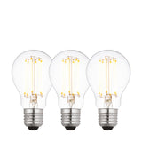 Endon 6W E27 LED filament GLS bulbs in warm white, shown as a three-pack of clear glass bulbs with visible filaments and screw caps on a white background.