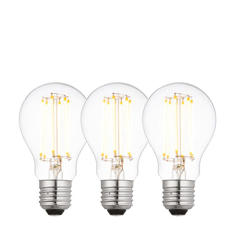 Endon 6W E27 LED filament GLS bulbs in warm white, shown as a three-pack of clear glass bulbs with visible filaments and screw caps on a white background.