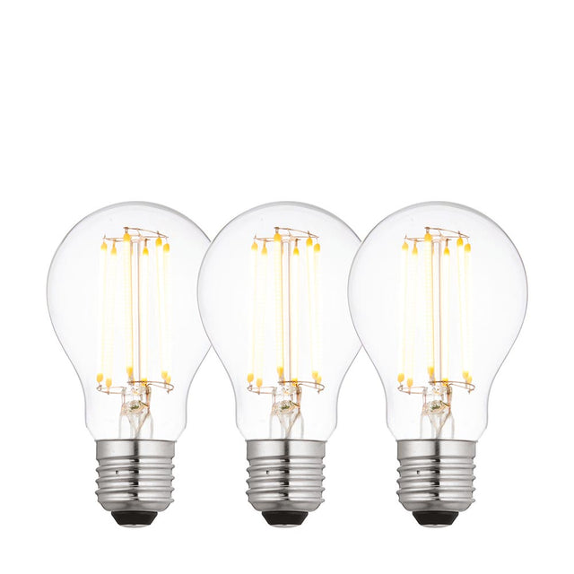 Endon 6W E27 LED filament GLS bulbs in warm white, shown as a three-pack of clear glass bulbs with visible filaments and screw caps on a white background.