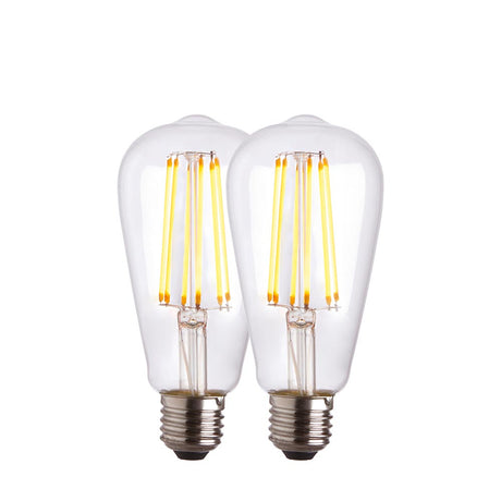 Endon 6W E27 LED filament pear bulbs in warm white, shown as a 2-pack with clear glass and visible LED filaments on a plain white background.