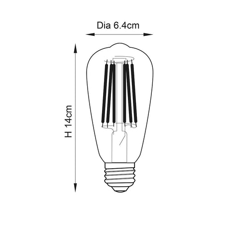 Technical line drawing of the Endon 6W E27 LED filament pear bulb showing 6.4cm diameter and 14cm height with visible filaments and screw cap.