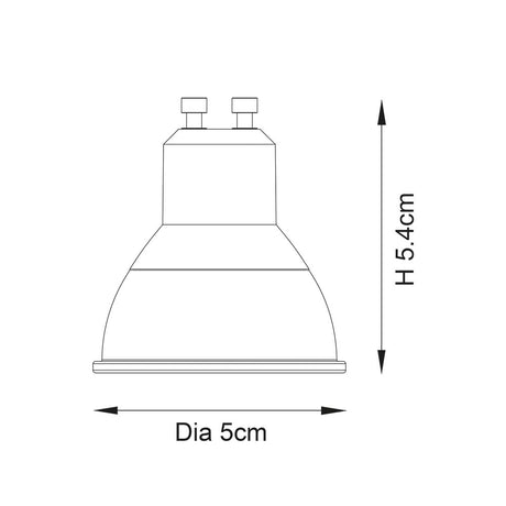 Technical line drawing of the Endon 7W GU10 LED bulb showing a compact spotlight body with twist-and-lock cap, height 5.4cm and diameter 5cm.