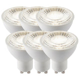 Endon 7W GU10 LED bulbs in a 6 pack, arranged in two rows of three with white plastic bodies and clear lenses, on a plain white background.