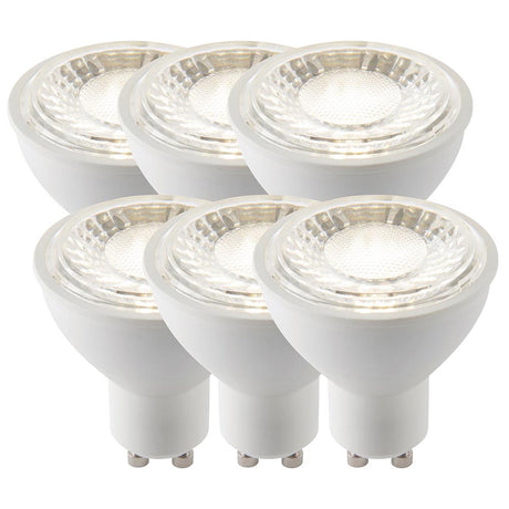 Endon 7W GU10 LED bulbs in a 6 pack, arranged in two rows of three with white plastic bodies and clear lenses, on a plain white background.