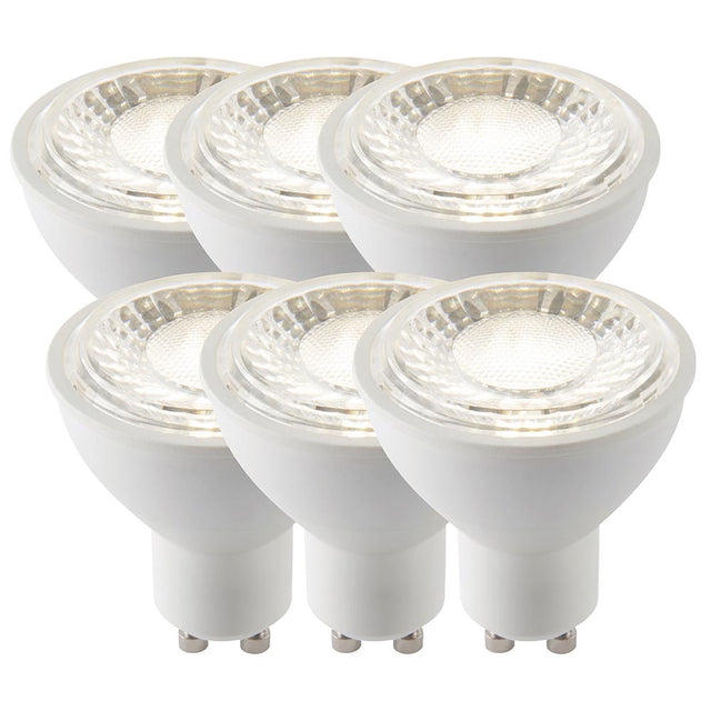 Endon 7W GU10 LED bulbs in a 6 pack, arranged in two rows of three with white plastic bodies and clear lenses, on a plain white background.