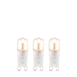 Endon 2W G9 LED capsule bulbs in warm white, shown as a 3-pack of frosted polycarbonate capsules with two-pin caps on a plain white background.