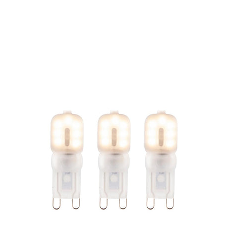 Endon 2W G9 LED capsule bulbs in warm white, shown as a 3-pack of frosted polycarbonate capsules with two-pin caps on a plain white background.