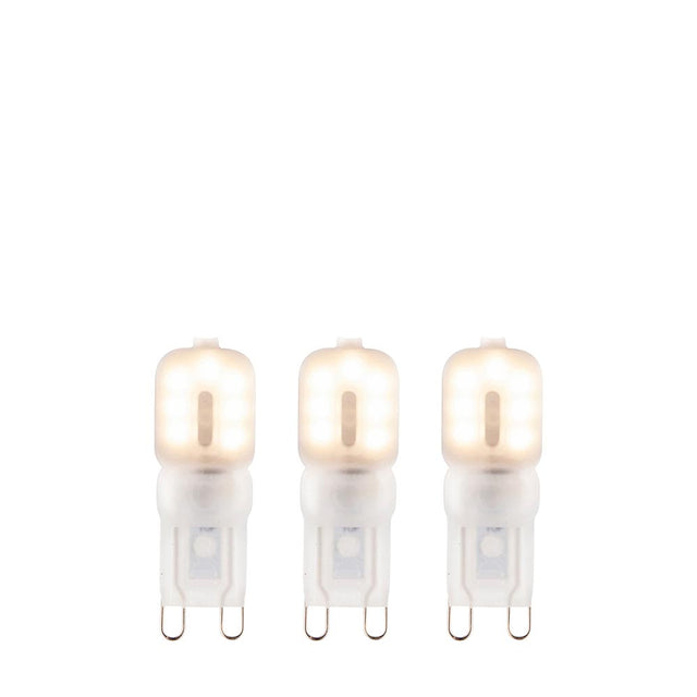 Endon 2W G9 LED capsule bulbs in warm white, shown as a 3-pack of frosted polycarbonate capsules with two-pin caps on a plain white background.