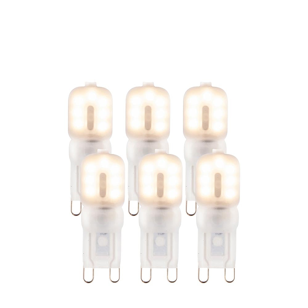Endon 2W G9 LED capsule bulbs in warm white, shown as a 6-pack of frosted polycarbonate capsules with two-pin caps on a plain white background.
