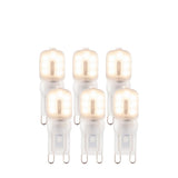 Endon 2W G9 LED capsule bulbs in warm white, shown as a 6-pack of frosted polycarbonate capsules with two-pin caps on a plain white background.
