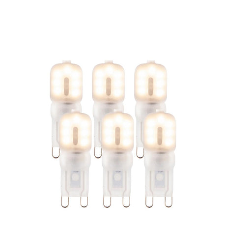 Endon 2W G9 LED capsule bulbs in warm white, shown as a 6-pack of frosted polycarbonate capsules with two-pin caps on a plain white background.