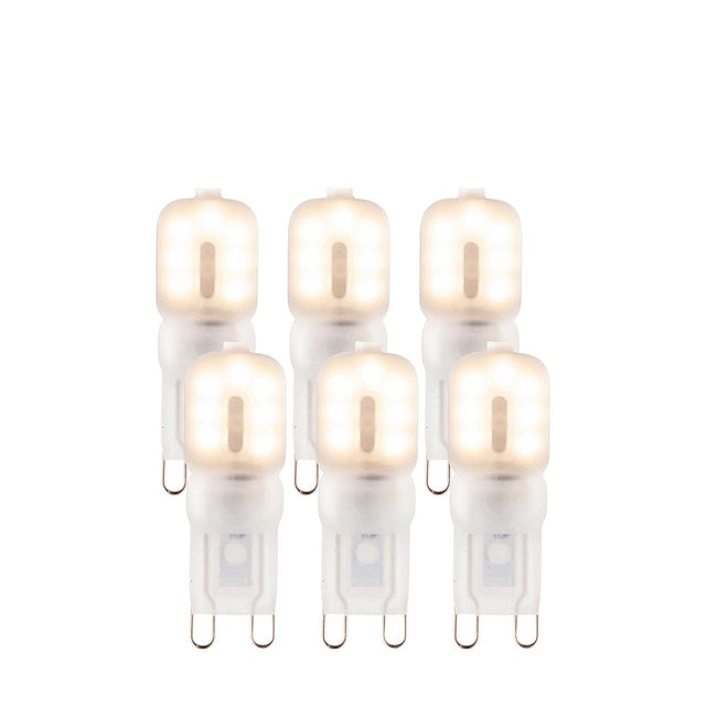 Endon 2W G9 LED capsule bulbs in warm white, shown as a 6-pack of frosted polycarbonate capsules with two-pin caps on a plain white background.