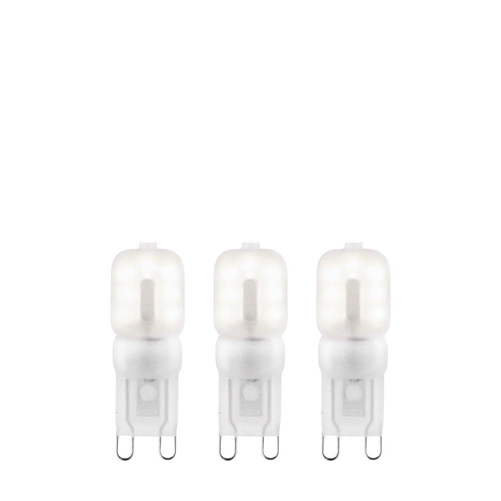 Endon 2W G9 LED capsule bulbs in cool white, 3-pack of frosted polycarbonate two-pin capsules shown upright on a plain white background.