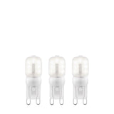 Endon 2W G9 LED capsule bulbs in cool white, 3-pack of frosted polycarbonate two-pin capsules shown upright on a plain white background.