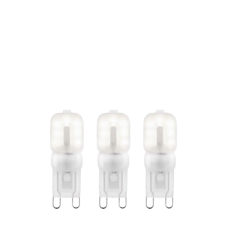Endon 2W G9 LED capsule bulbs in cool white, 3-pack of frosted polycarbonate two-pin capsules shown upright on a plain white background.
