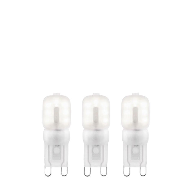 Endon 2W G9 LED capsule bulbs in cool white, 3-pack of frosted polycarbonate two-pin capsules shown upright on a plain white background.