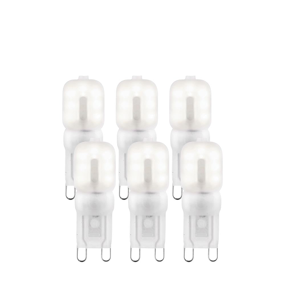 Endon 2W G9 LED capsule bulbs in cool white, shown as a 6-pack of frosted polycarbonate two-pin capsules arranged in two rows on a white background.