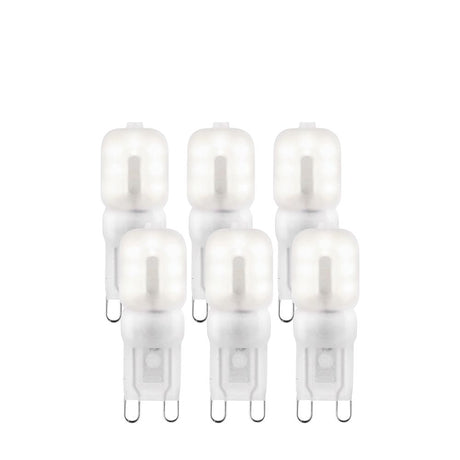 Endon 2W G9 LED capsule bulbs in cool white, shown as a 6-pack of frosted polycarbonate two-pin capsules arranged in two rows on a white background.