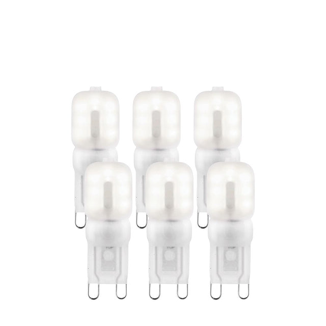 Endon 2W G9 LED capsule bulbs in cool white, shown as a 6-pack of frosted polycarbonate two-pin capsules arranged in two rows on a white background.