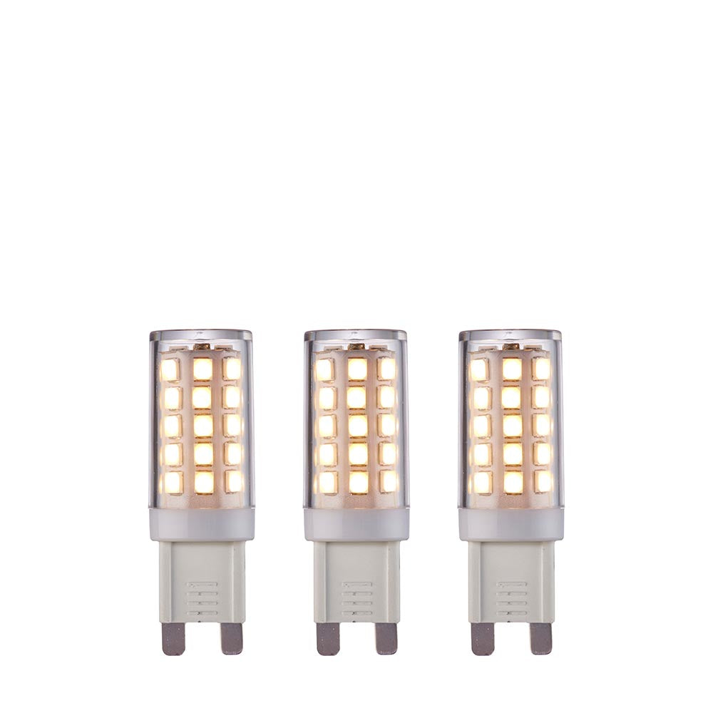 Endon 3.5W G9 LED bulbs in warm white, non-dimmable 3 pack, shown as three small capsule lamps with clear casings and push-fit pins on a white background.