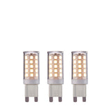 Endon 3.5W G9 LED bulbs in warm white, non-dimmable 3 pack, shown as three small capsule lamps with clear casings and push-fit pins on a white background.