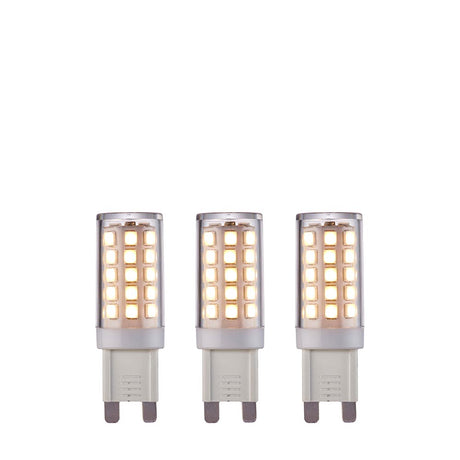 Endon 3.5W G9 LED bulbs in warm white, non-dimmable 3 pack, shown as three small capsule lamps with clear casings and push-fit pins on a white background.