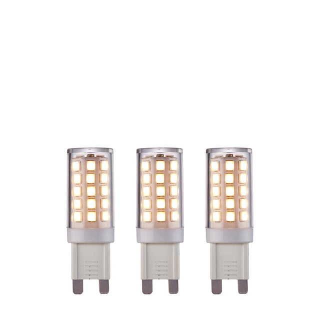 Endon 3.5W G9 LED bulbs in warm white, non-dimmable 3 pack, shown as three small capsule lamps with clear casings and push-fit pins on a white background.