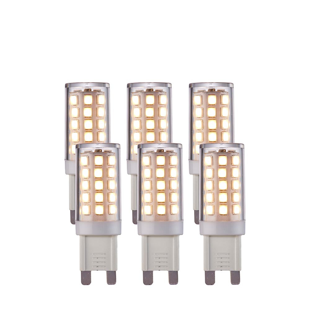 Endon 3.5W G9 LED capsule bulbs in warm white, shown as a 6 pack of small clear non-dimmable lamps with push-fit pins on a white background.