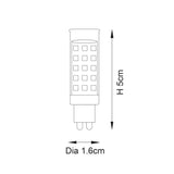 Endon 3.5W G9 LED capsule bulb technical diagram showing 5cm height and 1.6cm diameter, with visible SMD chips and push-fit pins on a white background.