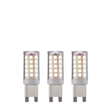 Endon 3.5W G9 LED capsule bulbs in a 3 pack, cool white non-dimmable, with clear casings over SMD chips and push-fit pins, on a white background.
