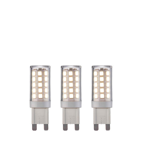 Endon 3.5W G9 LED capsule bulbs in a 3 pack, cool white non-dimmable, with clear casings over SMD chips and push-fit pins, on a white background.