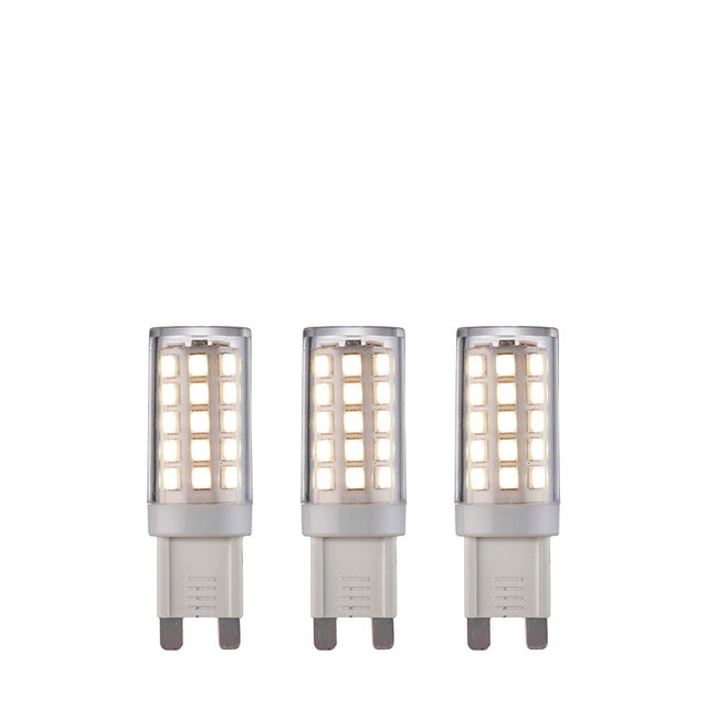 Endon 3.5W G9 LED capsule bulbs in a 3 pack, cool white non-dimmable, with clear casings over SMD chips and push-fit pins, on a white background.