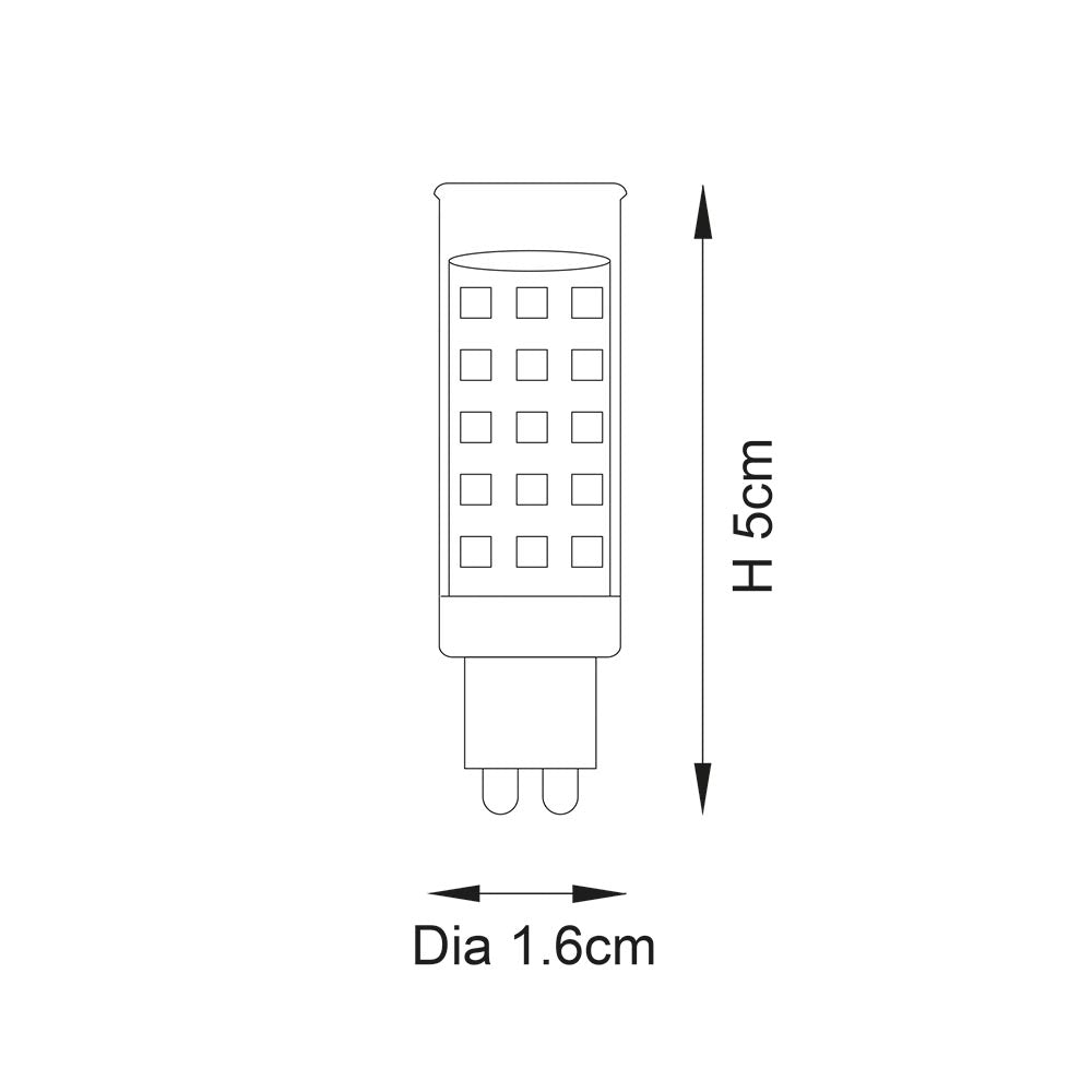 Technical line drawing of the Endon 3.5W G9 LED capsule bulb showing 5cm height and 1.6cm diameter on a plain white background.