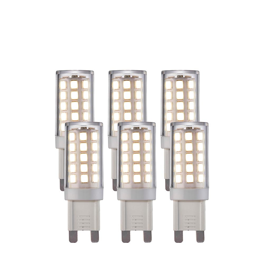 Endon 3.5W G9 LED capsule bulbs in a 6-pack, clear cylindrical casings with visible SMD chips and push-fit pins, cool white, on a plain white background.