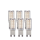 Endon 3.5W G9 LED capsule bulbs in a 6-pack, clear cylindrical casings with visible SMD chips and push-fit pins, cool white, on a plain white background.