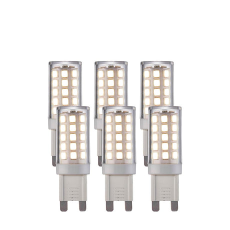 Endon 3.5W G9 LED capsule bulbs in a 6-pack, clear cylindrical casings with visible SMD chips and push-fit pins, cool white, on a plain white background.