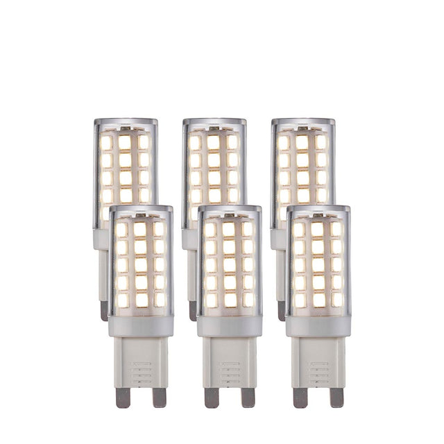 Endon 3.5W G9 LED capsule bulbs in a 6-pack, clear cylindrical casings with visible SMD chips and push-fit pins, cool white, on a plain white background.
