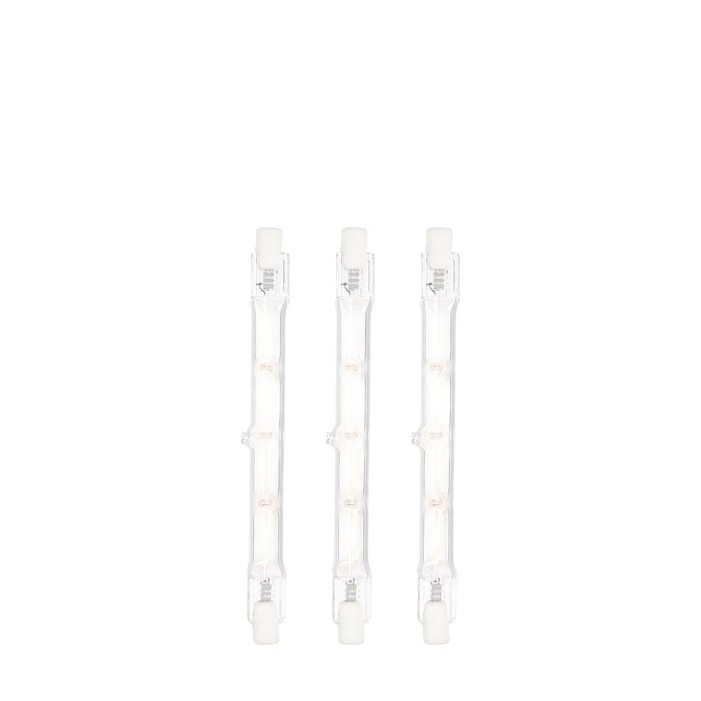 Three Endon 120W R7s dimmable halogen tube bulbs in warm white, 118mm linear glass with double-ended metal contacts, shown upright on a plain white background.