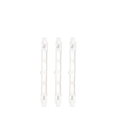 Three Endon 120W R7s dimmable halogen tube bulbs in warm white, 118mm linear glass with double-ended metal contacts, shown upright on a plain white background.