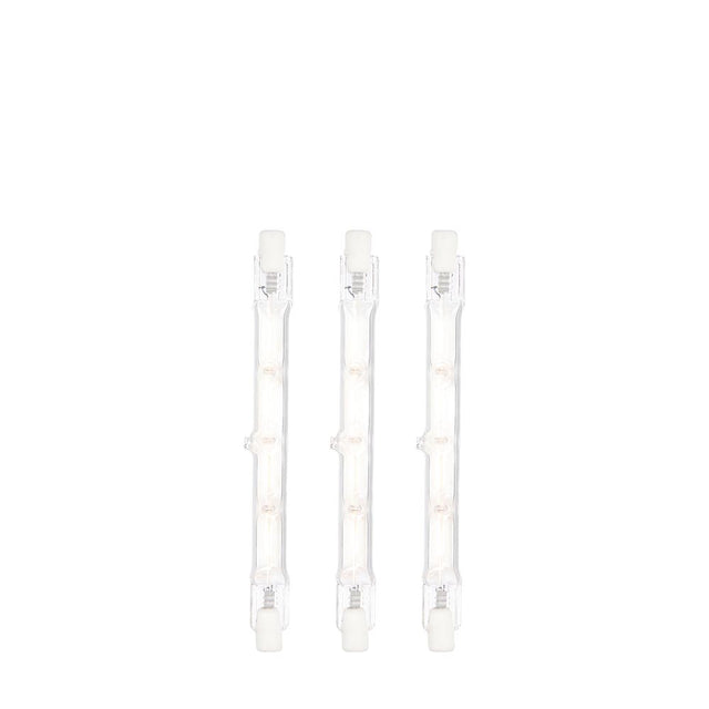 Three Endon 120W R7s dimmable halogen tube bulbs in warm white, 118mm linear glass with double-ended metal contacts, shown upright on a plain white background.