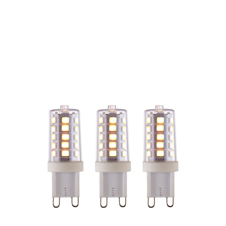 Endon 3.7W G9 LED capsule bulbs in warm white, dimmable, shown as a 3-pack with clear casings and push-fit pins on a plain white background.