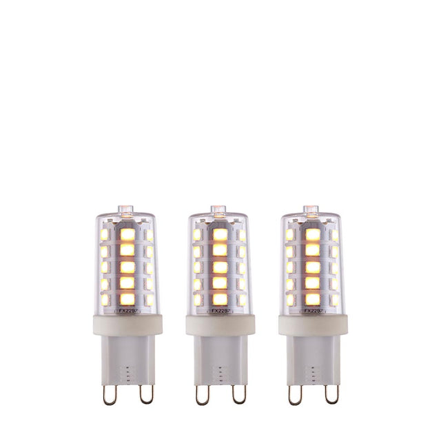 Endon 3.7W G9 LED capsule bulbs in warm white, dimmable, shown as a 3-pack with clear casings and push-fit pins on a plain white background.
